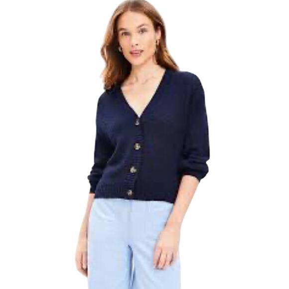 Loft Navy Blue Marled‎ Knit V-Neck Cardigan Size XL NWT - Picture 1 of 6